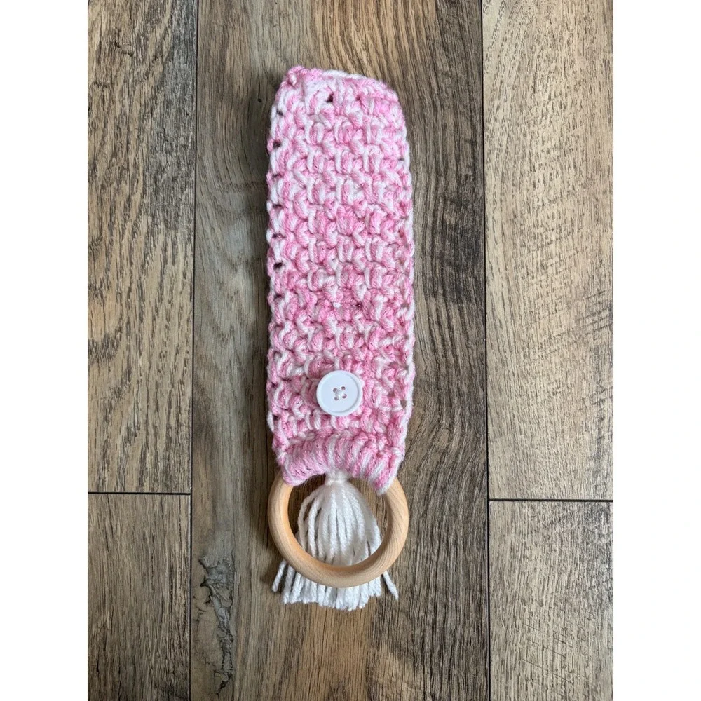 Crochet Handmade Kitchen Dish Towel Holder Pink with Button Wood Ring